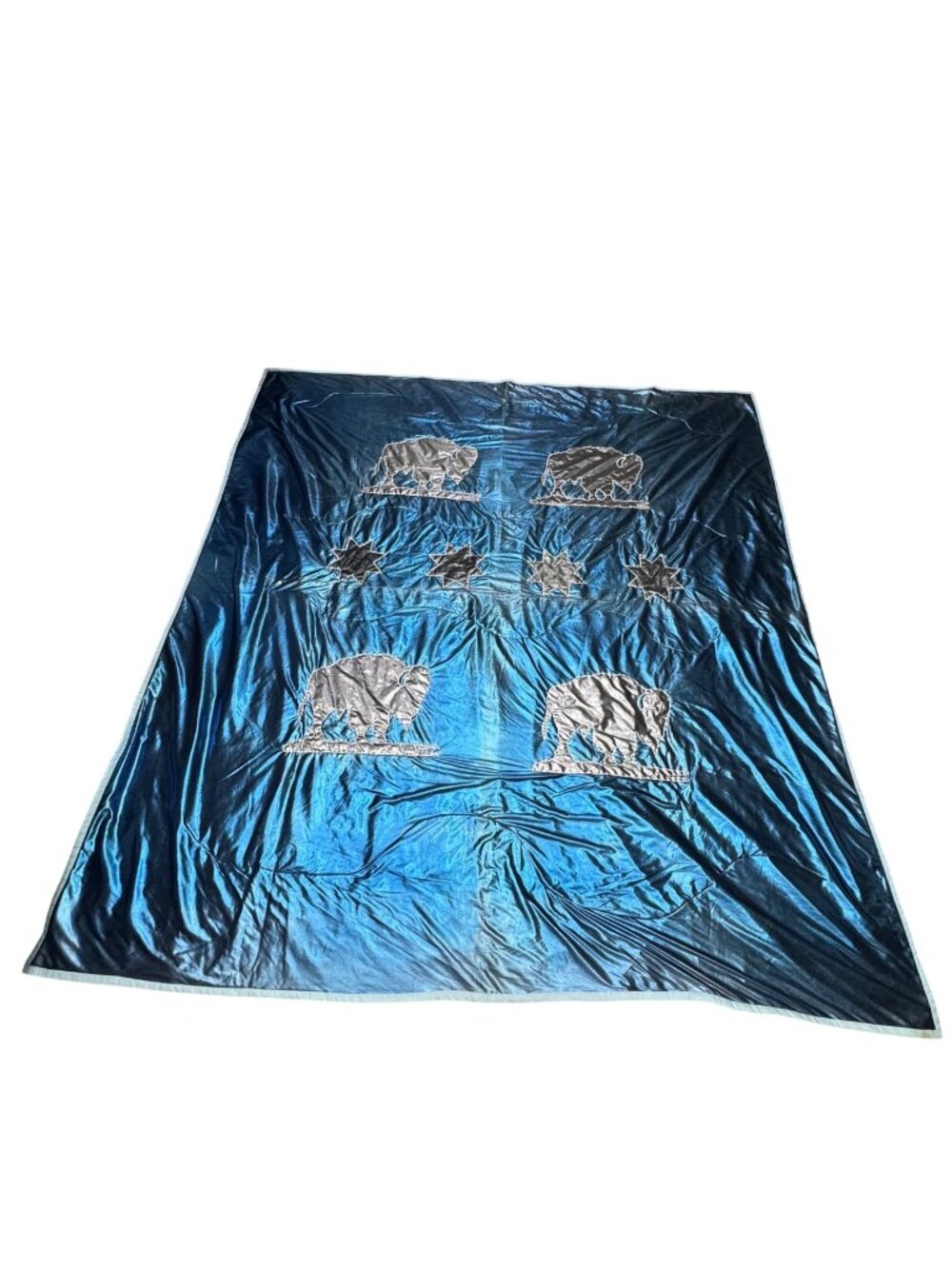 Blue Velvet Buffalo Ancestral Blanket Quilt Silver Full Size Handmade Star READ